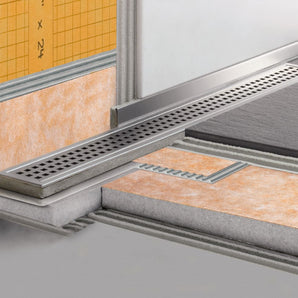 Schluter KERDI-LINE Drain linéaire encastré avec design de grille décentrée sans cadre à carreler - acier inoxydable (V4) brossé 1-1/8" x 31-1/2"